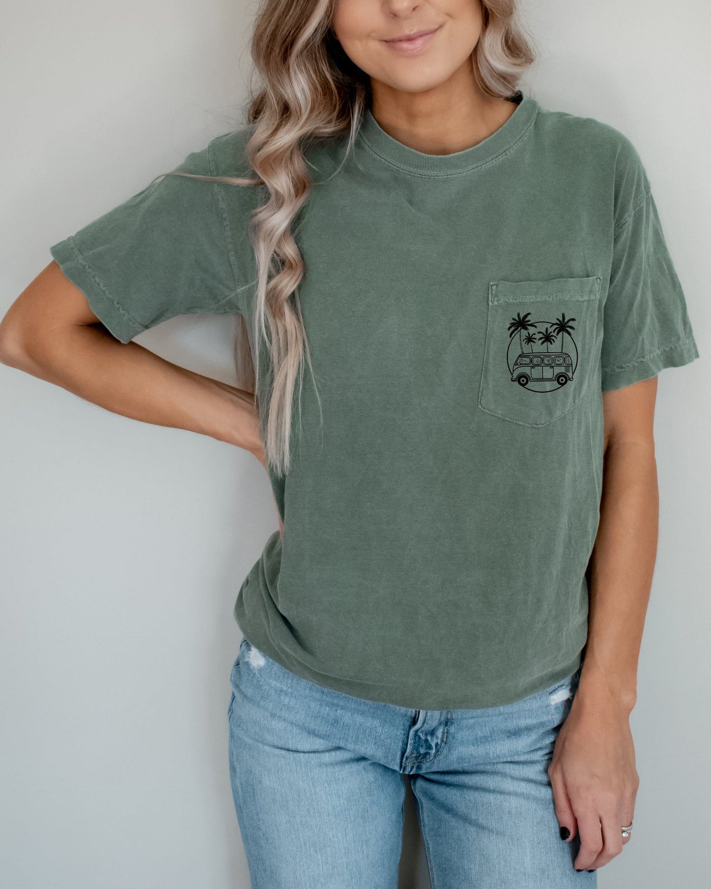 Palm Tree & Camping Car Comfort Colors Pocket T Shirt