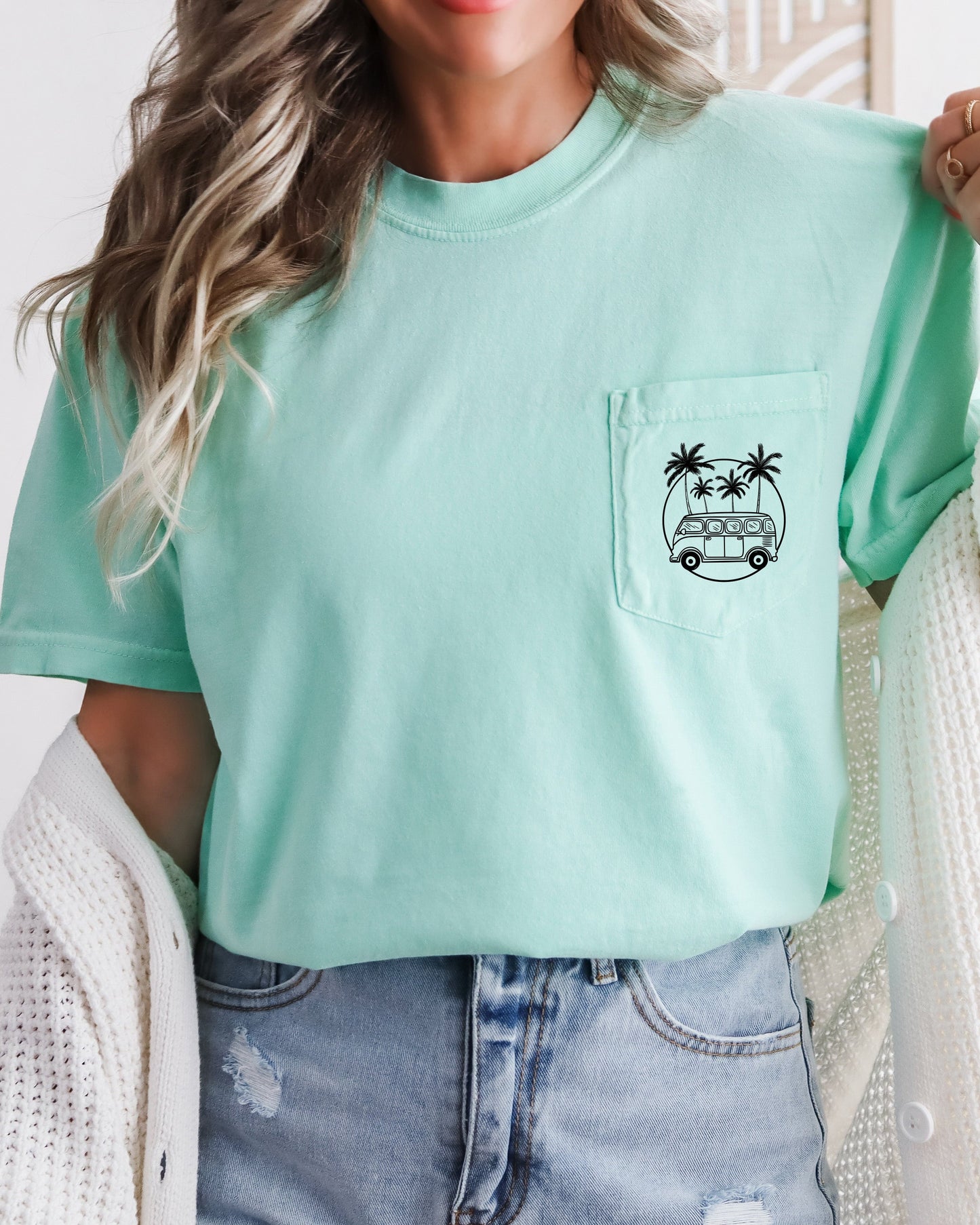 Palm Tree & Camping Car Comfort Colors Pocket T Shirt