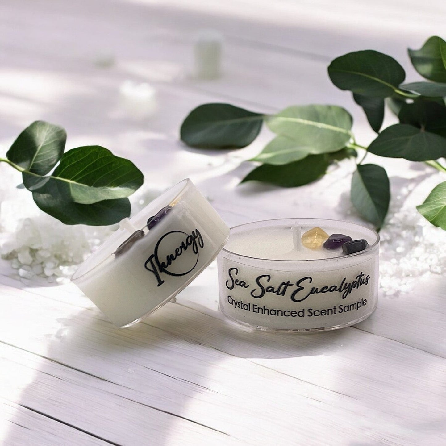 Sea Salt Eucalyptus, Premium Coconut-Soy Wax Tea Light Crystal Candle, 1oz