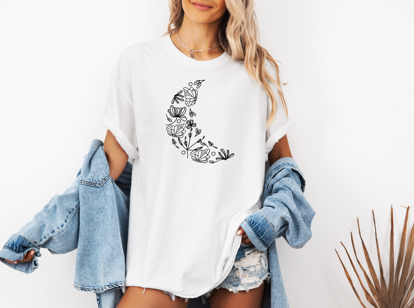 The Moon made of Flowers Nature botanical Garment Dyed T Shirt