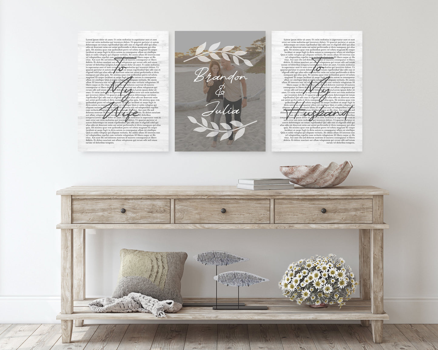 Personalized 3 Panel Wedding Vows Canvas with Names, Ivy and Photo