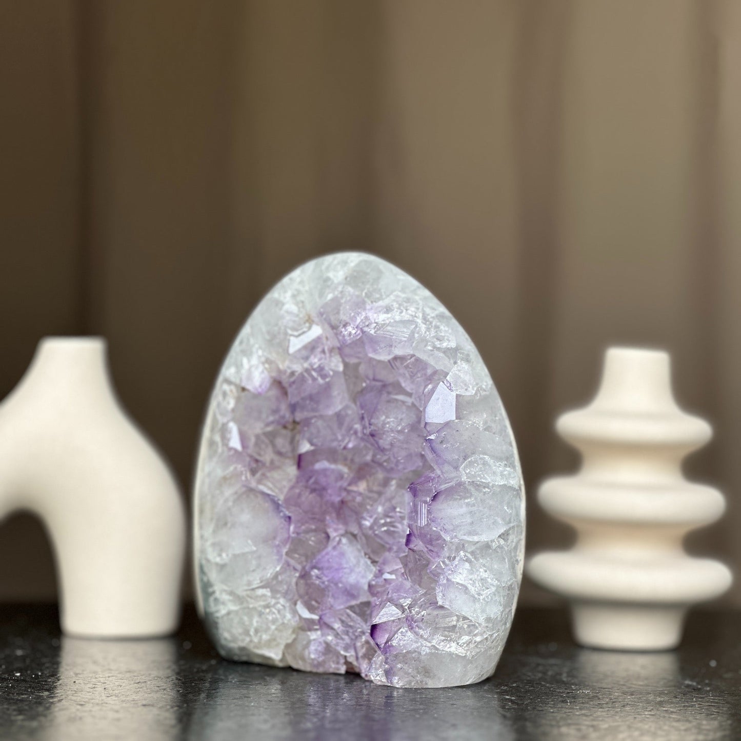 White Quartz & Amethyst Geode Crystal Egg, Large Cave with Agate formations