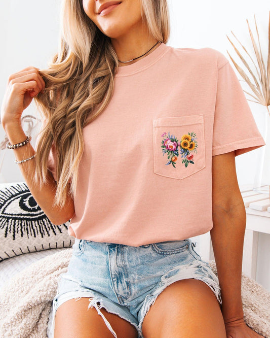 Wildflowers Bouquet Comfort Colors Pocket T-Shirt – Botanical Nature Camping Hiking Plant Graphic Tee