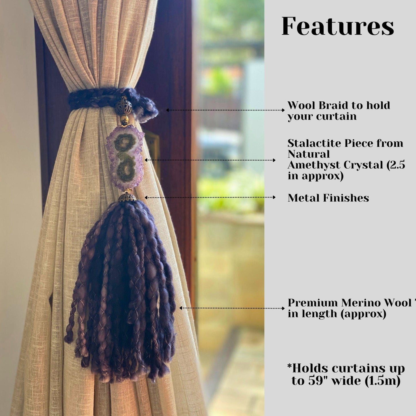 Wool Tassels with Amethyst Crystal Stalactite for Boho Decoration, Wall Hanging Tassels, Natural Merino Wool and Crystals Garland
