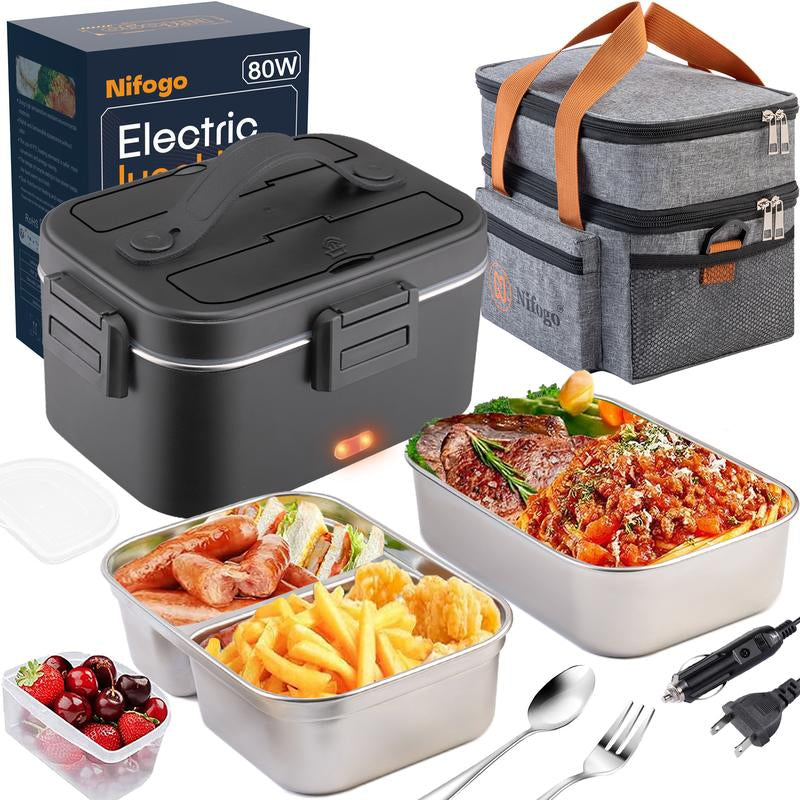 Electric Lunch Box 80W 1.5L Stainless Steel Bento Warmer with Indicator Light & Portable Tableware Set for Home Office Travel Food Quick Storage Fork 80W/1.5L/Black