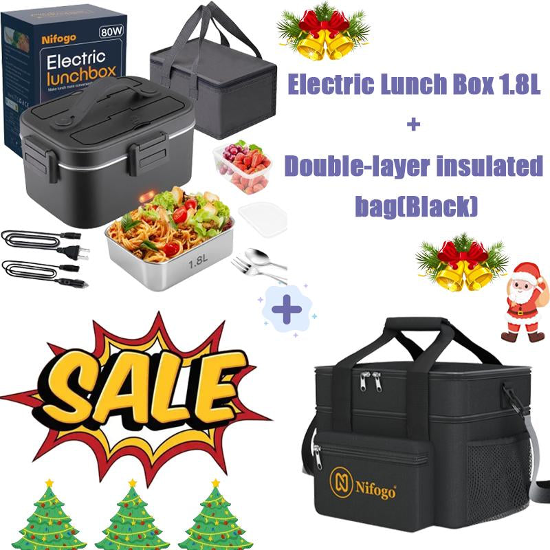 Electric Lunch Box 80W 1.5L Stainless Steel Bento Warmer with Indicator Light & Portable Tableware Set for Home Office Travel Food Quick Storage Fork 80W/1.5L/Black