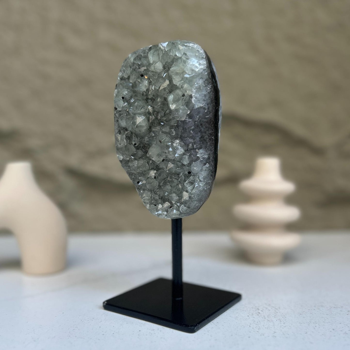Natural Quartz Crystal Galaxy Geode On Metal Stand