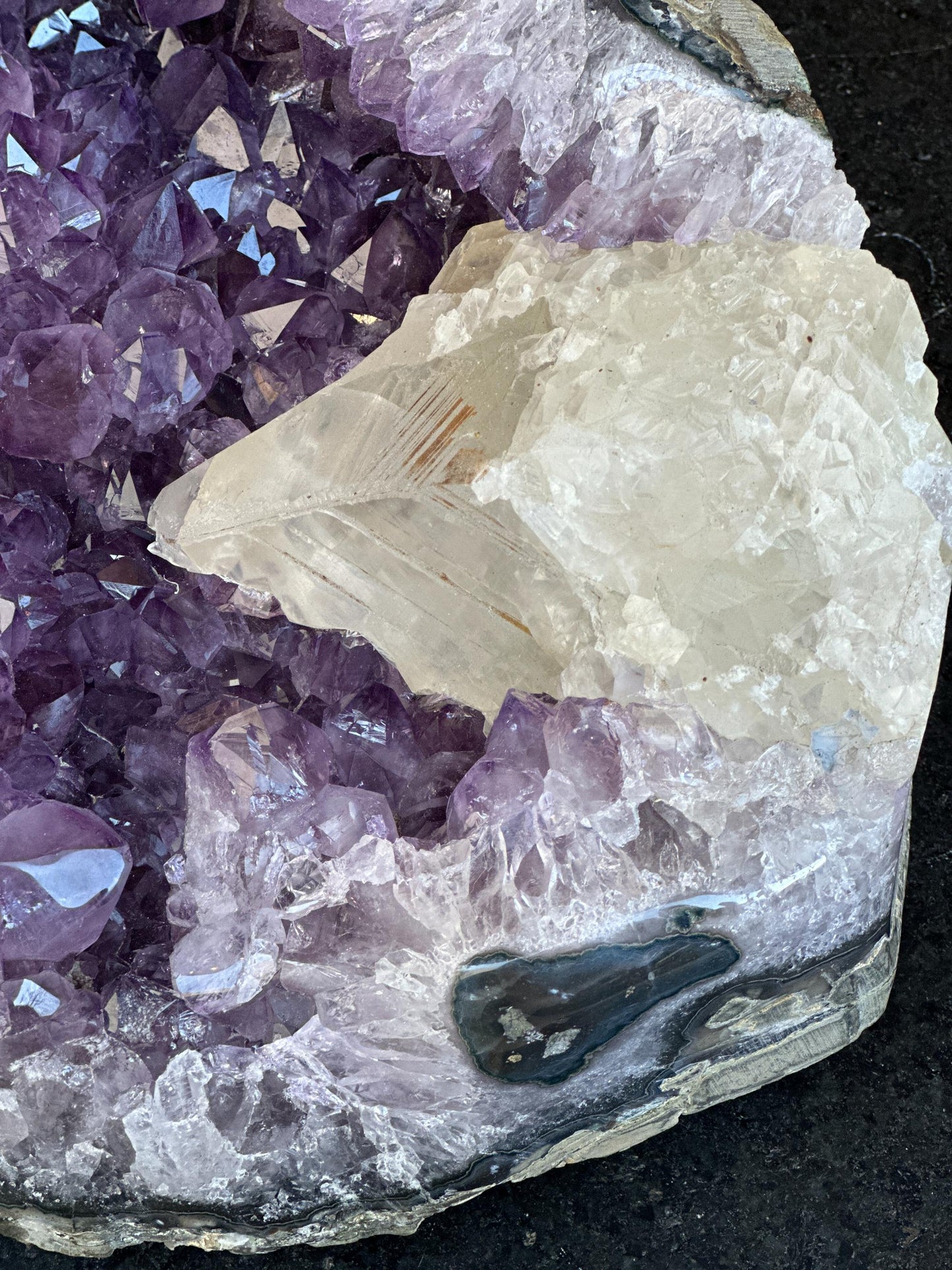 Rare Amethyst Crystal Geode Centerpiece with Calcite, Outstanding Quality Amethyst