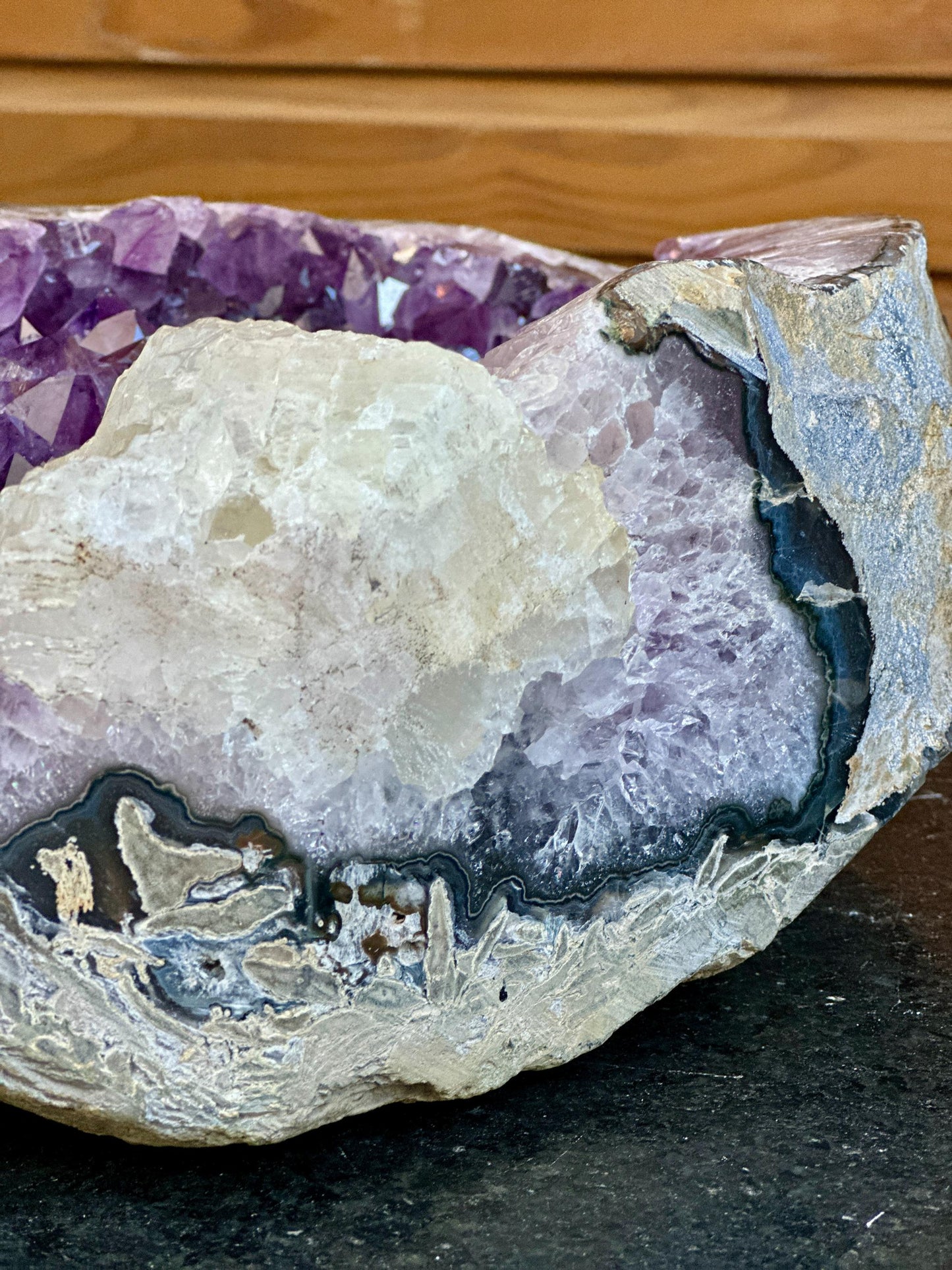 Rare Amethyst Crystal Geode Centerpiece with Calcite, Outstanding Quality Amethyst