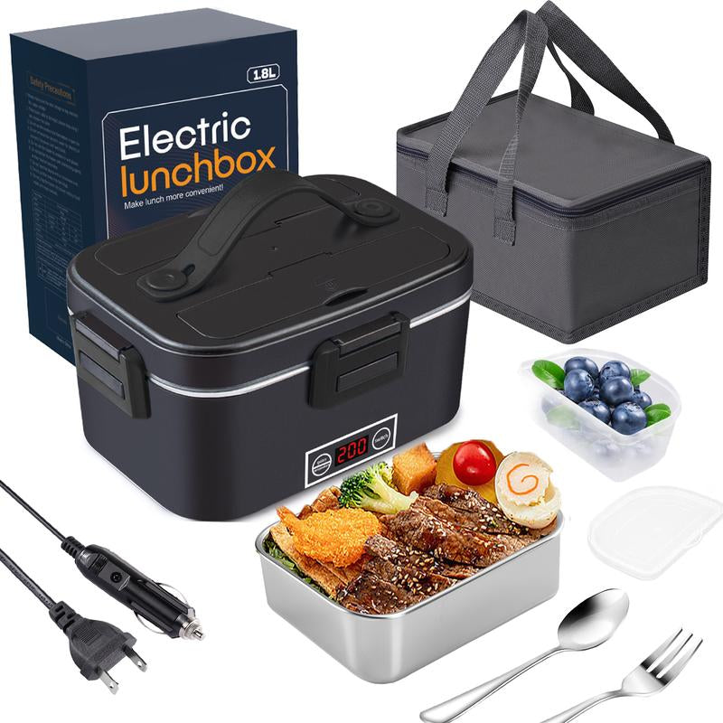 Electric Lunch Box 80W 1.5L Stainless Steel Bento Warmer with Indicator Light & Portable Tableware Set for Home Office Travel Food Quick Storage Fork 80W/1.5L/Black