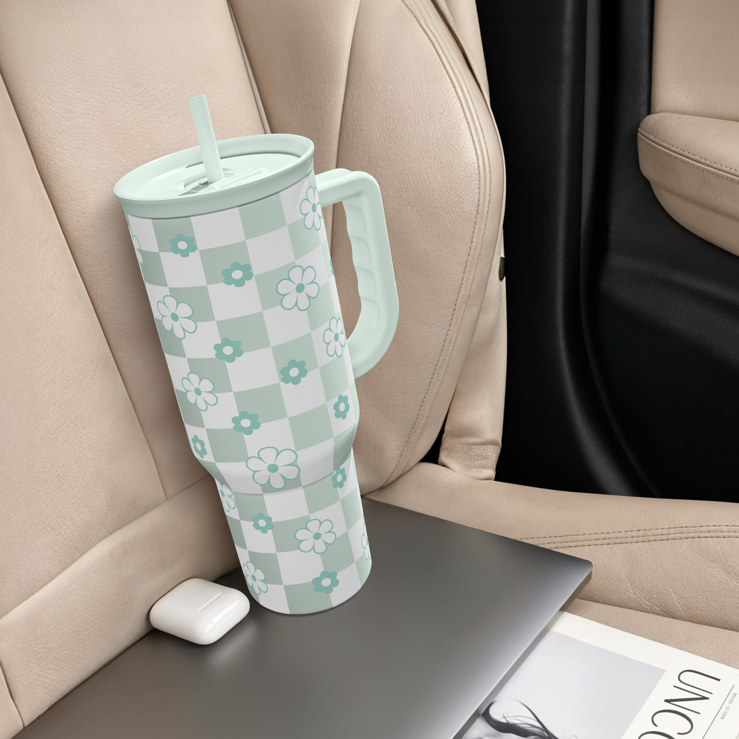 Mint Checker Daisy Slidemate | Slider Tumbler with Handle 40oz