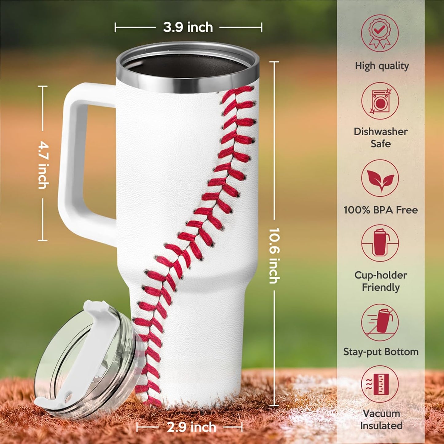 White Baseball Quencher Tumbler with Handle 40oz